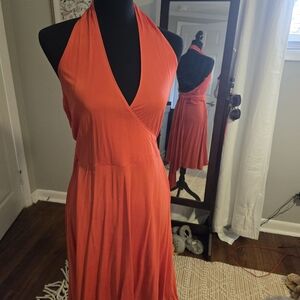 Ralph Lauren Purple Label Halter V-Neck Midi Dress in Bright Orange